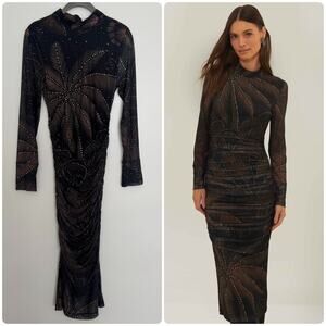 Farm Rio Black Golden Foliage Tulle Midi Dress